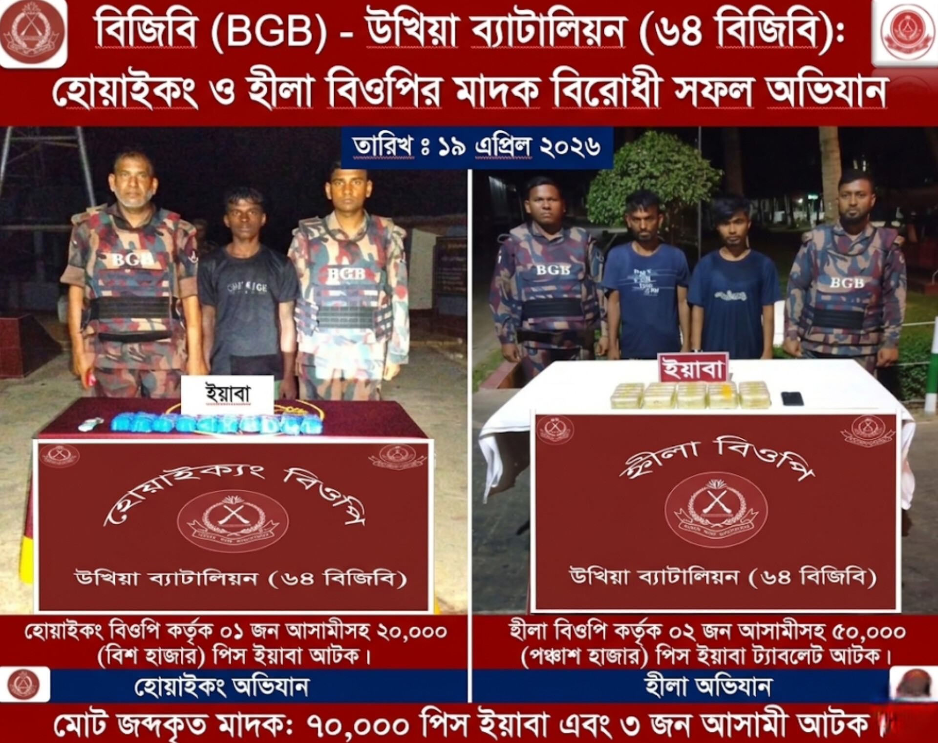 হ্নীলা-হোয়াইক্যং সীমান্তে ৬৪ বিজিবির অভিযান: ৭০ হাজার পিস ইয়াবা উদ্ধার, আটক ৩