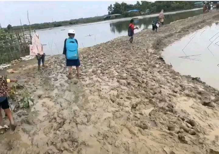 বর্ষায় কাদায় ডুবে পোকখালীর দক্ষিণ চরপাড়া সড়ক, দুর্ভোগে শিক্ষার্থী-জনসাধারণ